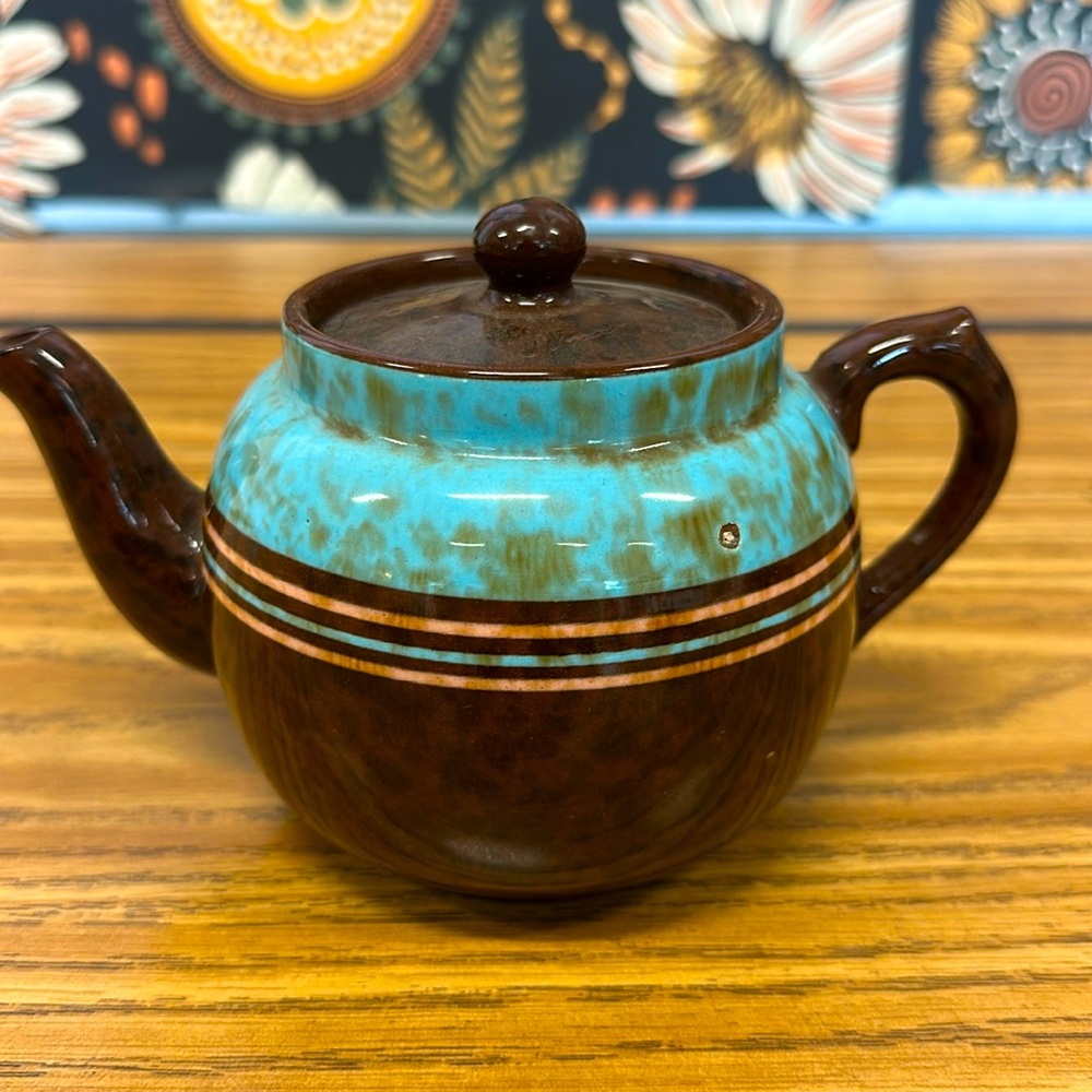 Vintage Sadler Brown Betty Teapot England Redware BlueGreen Salmon Stripes